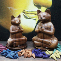 Brûleur d'Encens Chat Yoga - Bois Sculpté Main