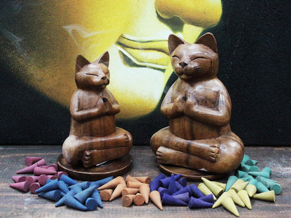 Brûleur d'Encens Chat Yoga - Bois Sculpté Main