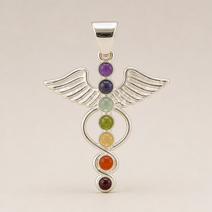 Pendentif Ailes d'Ange 7 Chakras - Argenté Pierres Colorées