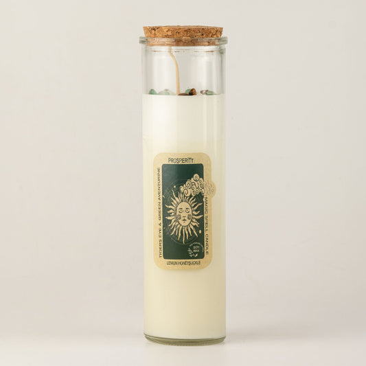 Bougie blanche en pot de verre avec bouchon liège et étiquette soleil Prospérité