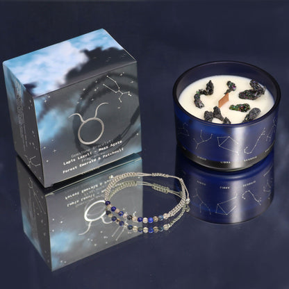 Bougie zodiaque Taureau en pot bleu, son étui et bracelet lapis lazuli
