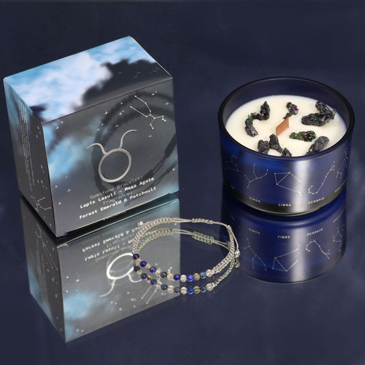 Bougie zodiaque Taureau en pot bleu, son étui et bracelet lapis lazuli