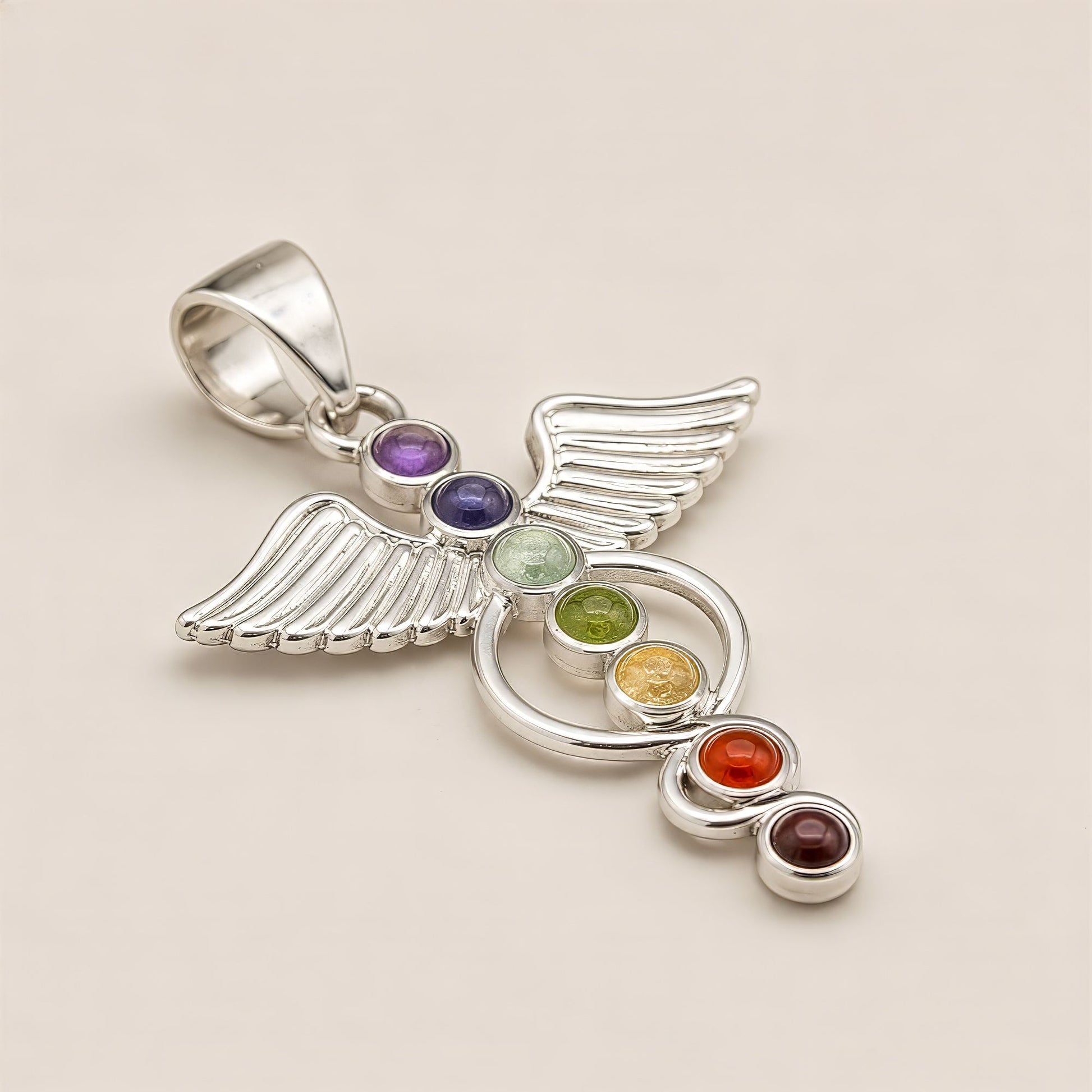 Pendentif Ailes d'Ange 7 Chakras - Argenté Pierres Colorées