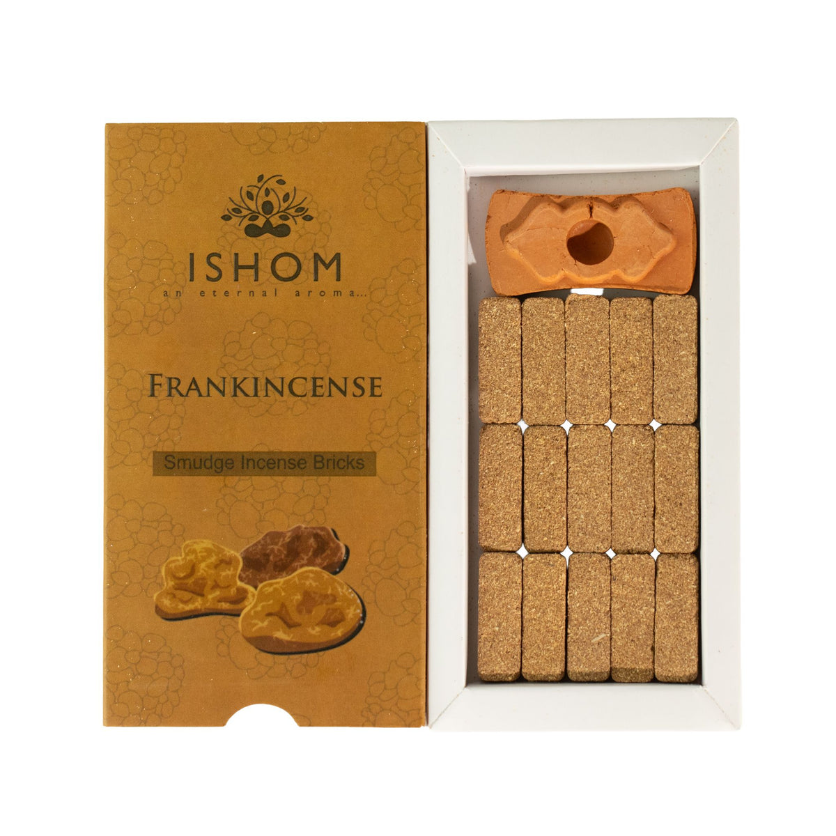 Boîte ouverte d'encens Ishom Oliban avec quinze briques et support en terre cuite