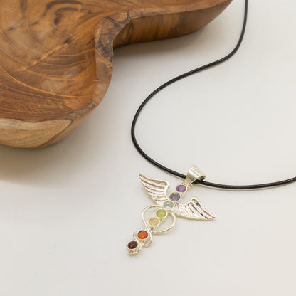 Pendentif Ailes d'Ange 7 Chakras - Argenté Pierres Colorées