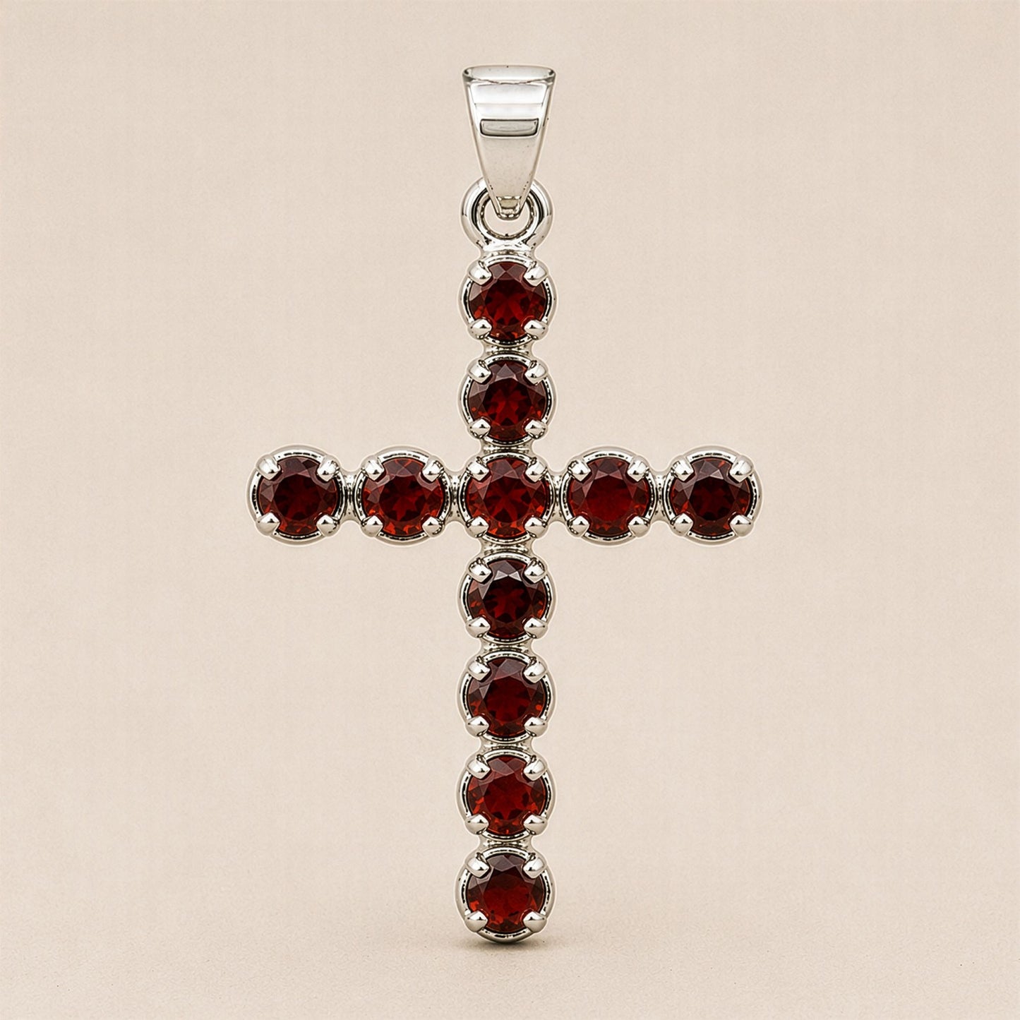 Pendentif Croix Argentée - Pierres Rouge Grenat