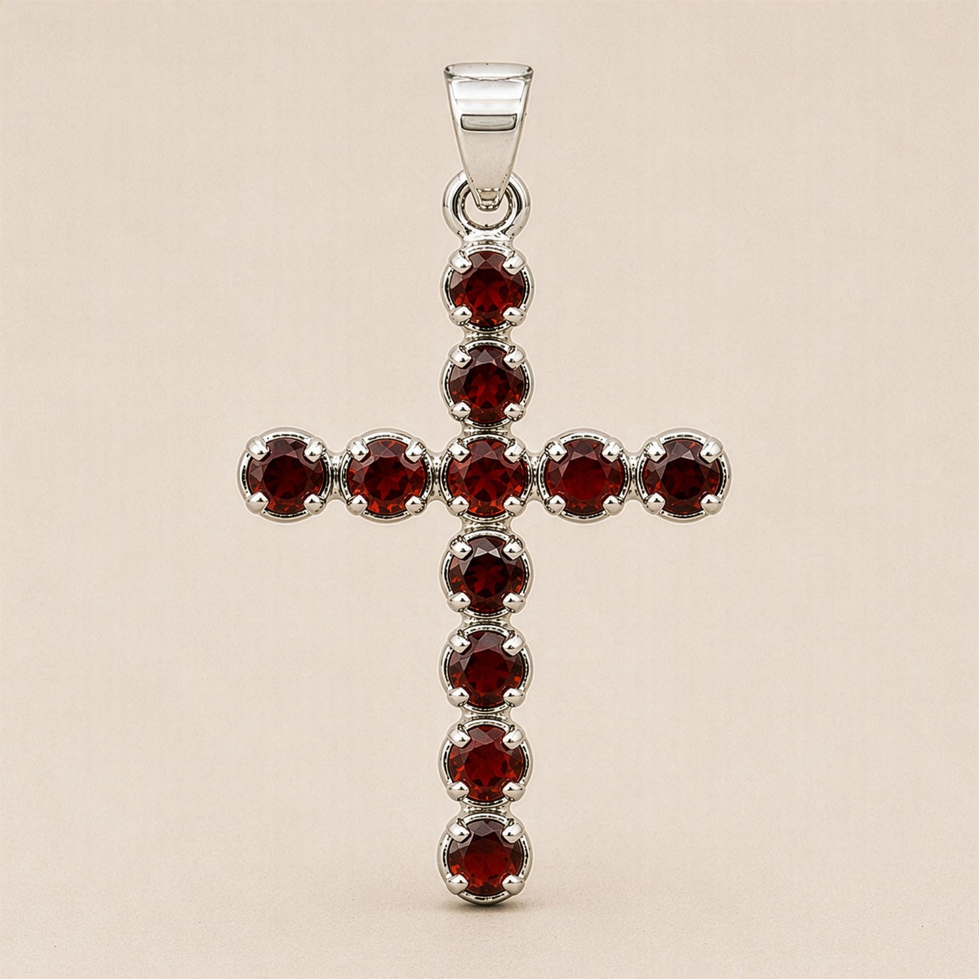 Pendentif Croix Argentée - Pierres Rouge Grenat