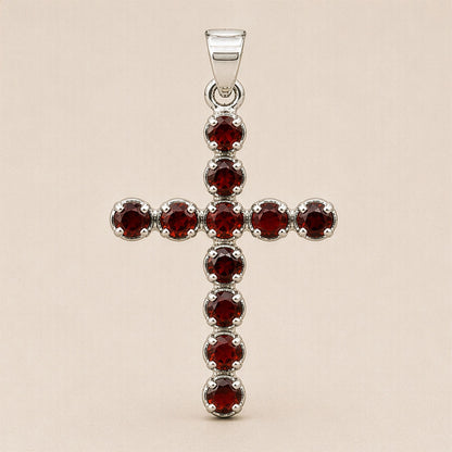 Pendentif Croix Argentée - Pierres Rouge Grenat