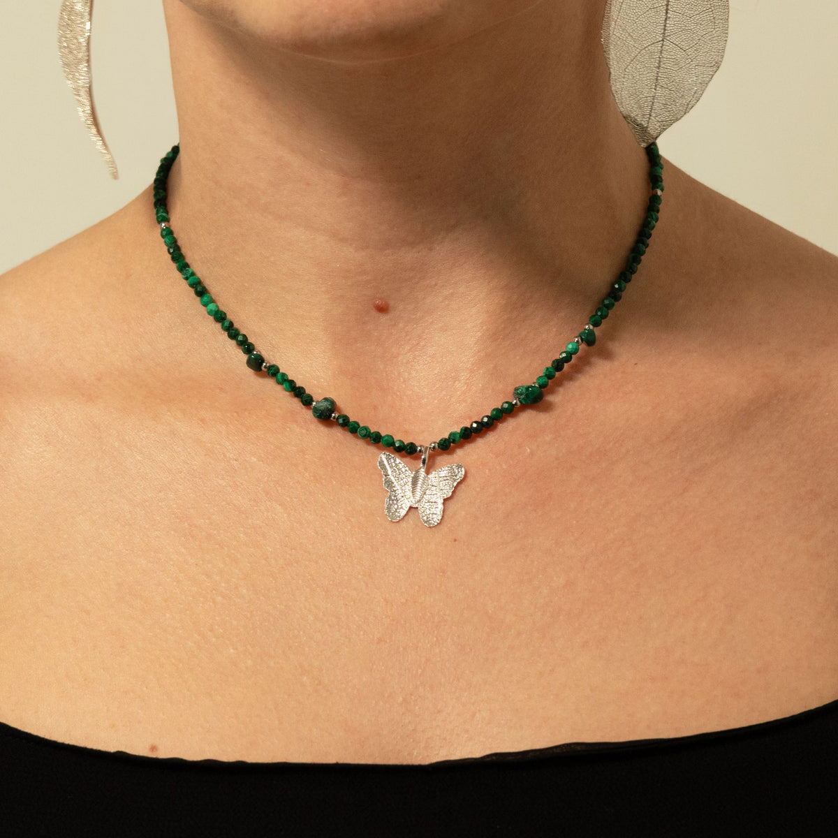 Collier Malachite — Papillon en Vraie Feuille Argentée - photo 9