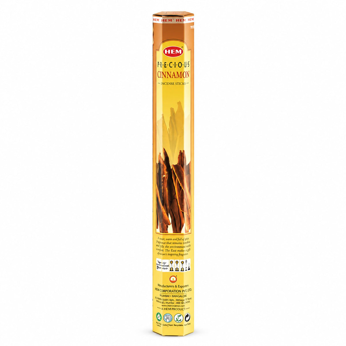 Étui hexagonal jaune d'encens HEM Precious Cinnamon avec bâtons de cannelle illustrés
