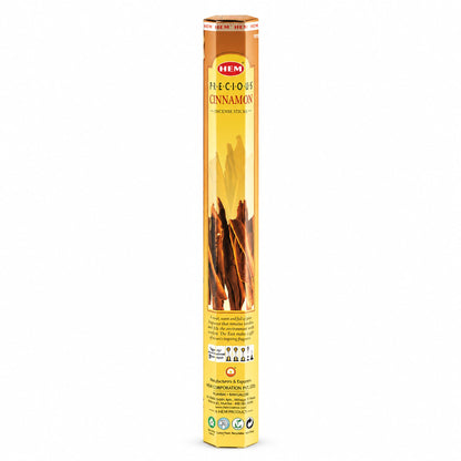 Étui hexagonal jaune d'encens HEM Precious Cinnamon avec bâtons de cannelle illustrés