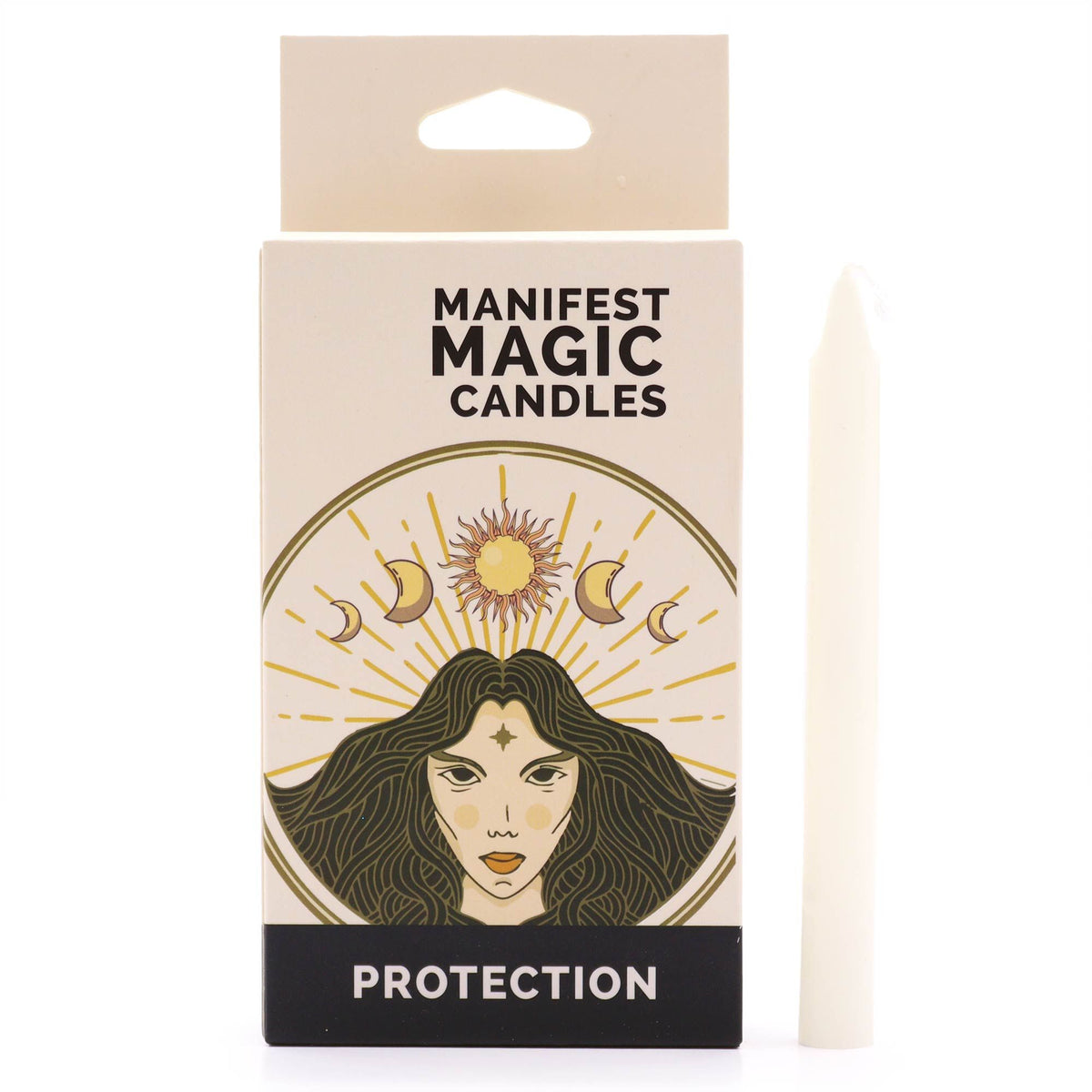 Boîte illustrée de bougies rituelles Protection avec une bougie ivoire à côté
