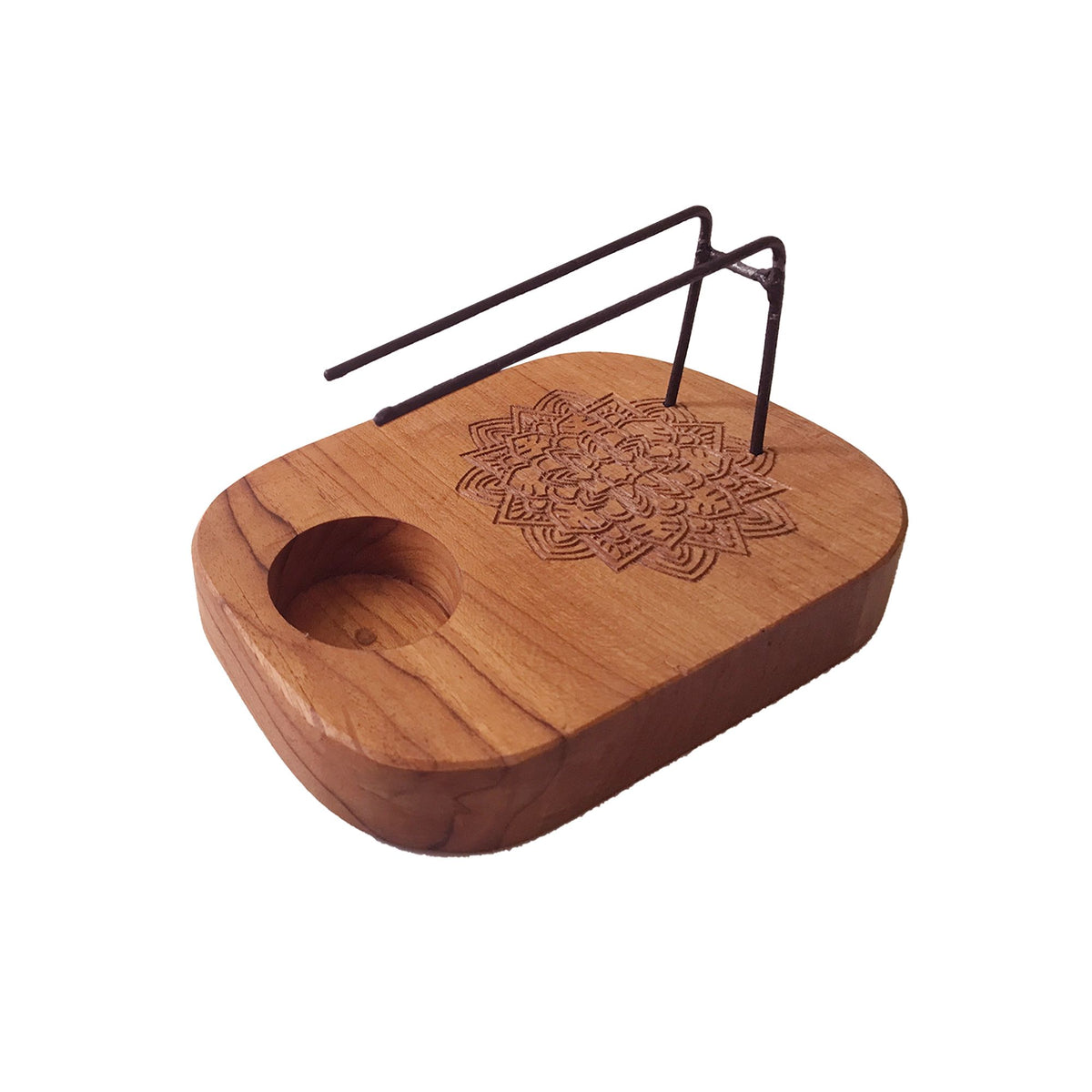Réchaud à palo santo en bois de teck gravé d'un mandala avec support métallique