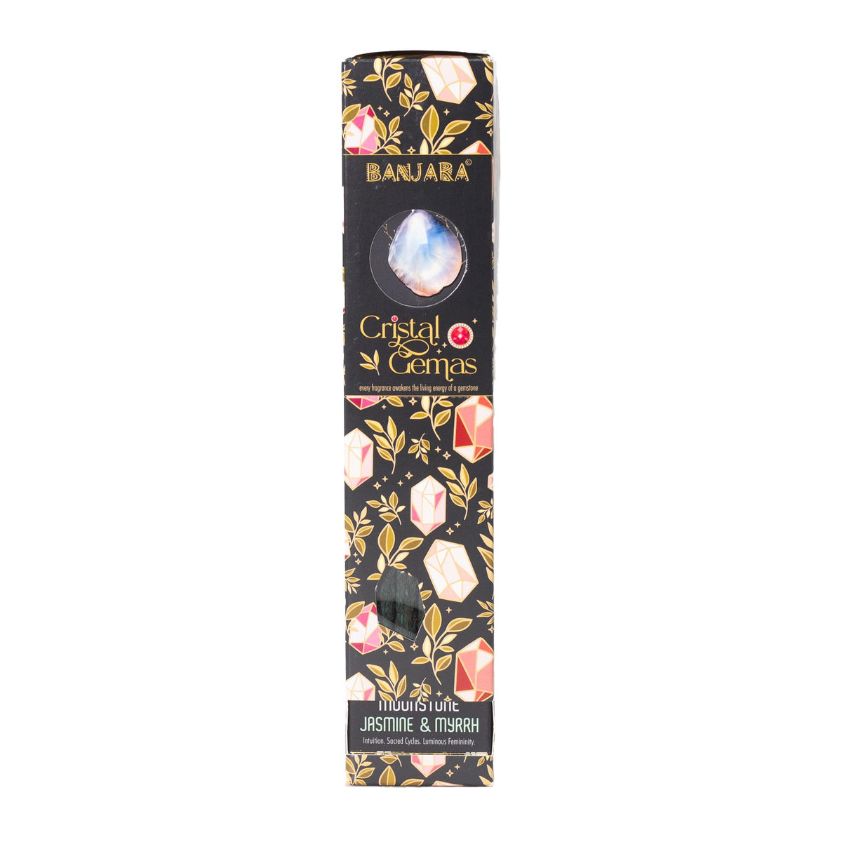 Boîte d'encens Banjara Cristal Gemas Pierre de Lune jasmin et myrrhe, motifs dorés