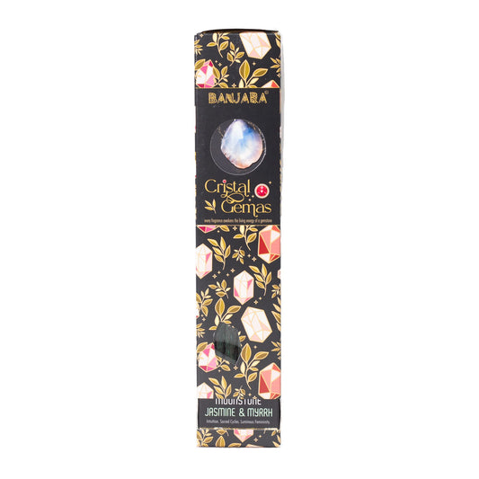 Boîte d'encens Banjara Cristal Gemas Pierre de Lune jasmin et myrrhe, motifs dorés