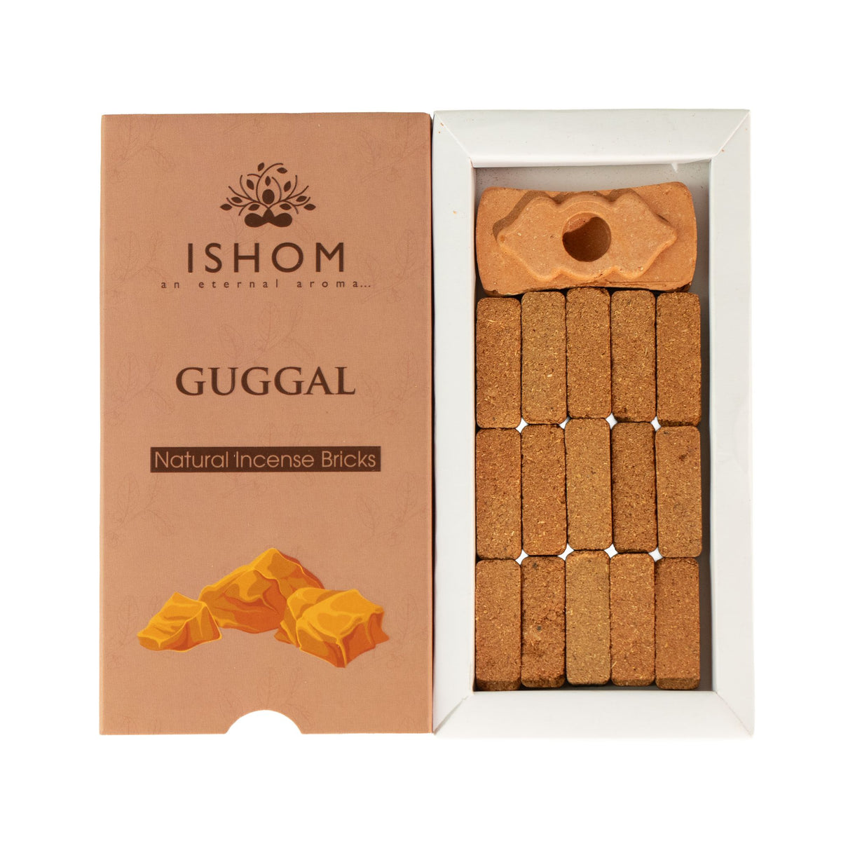 Coffret ouvert Ishom Guggal avec quinze briques d'encens et leur support