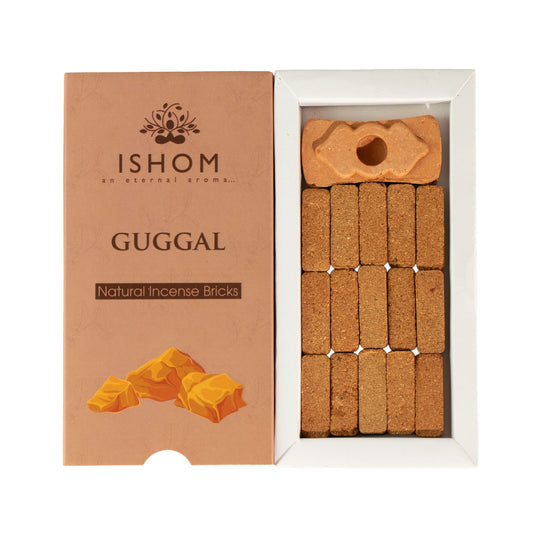 Coffret ouvert Ishom Guggal avec quinze briques d'encens et leur support