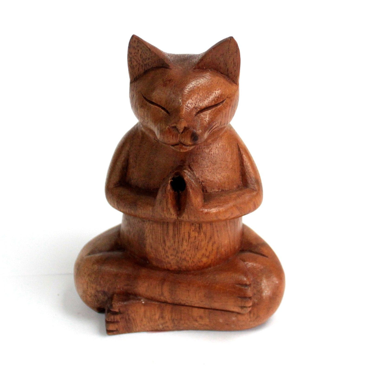 Porte-encens en bois sculpté représentant un chat assis en méditation, pattes jointes