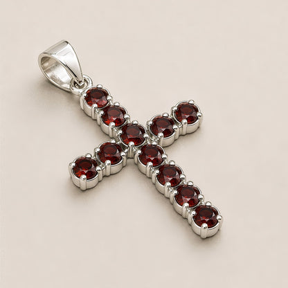 Pendentif Croix Argentée - Pierres Rouge Grenat