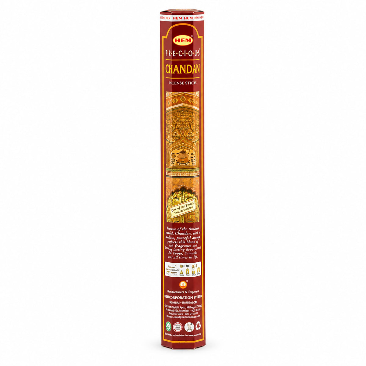 Étui hexagonal rouge d'encens HEM Precious Chandan au santal, vue de face