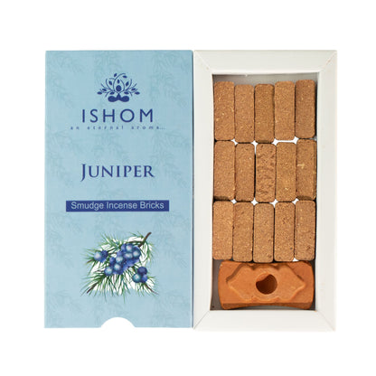 Boîte ouverte de quinze briques d'encens au genévrier Ishom avec support en terre cuite