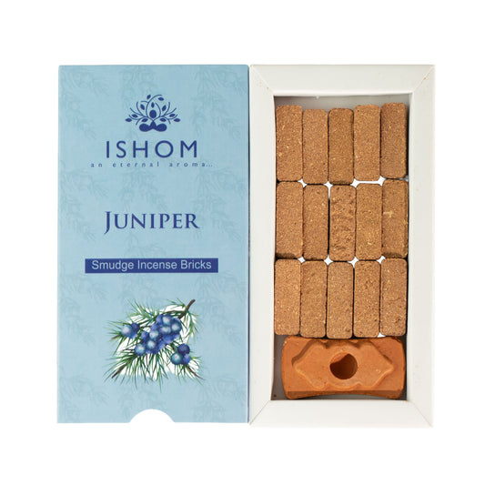 Boîte ouverte de quinze briques d'encens au genévrier Ishom avec support en terre cuite