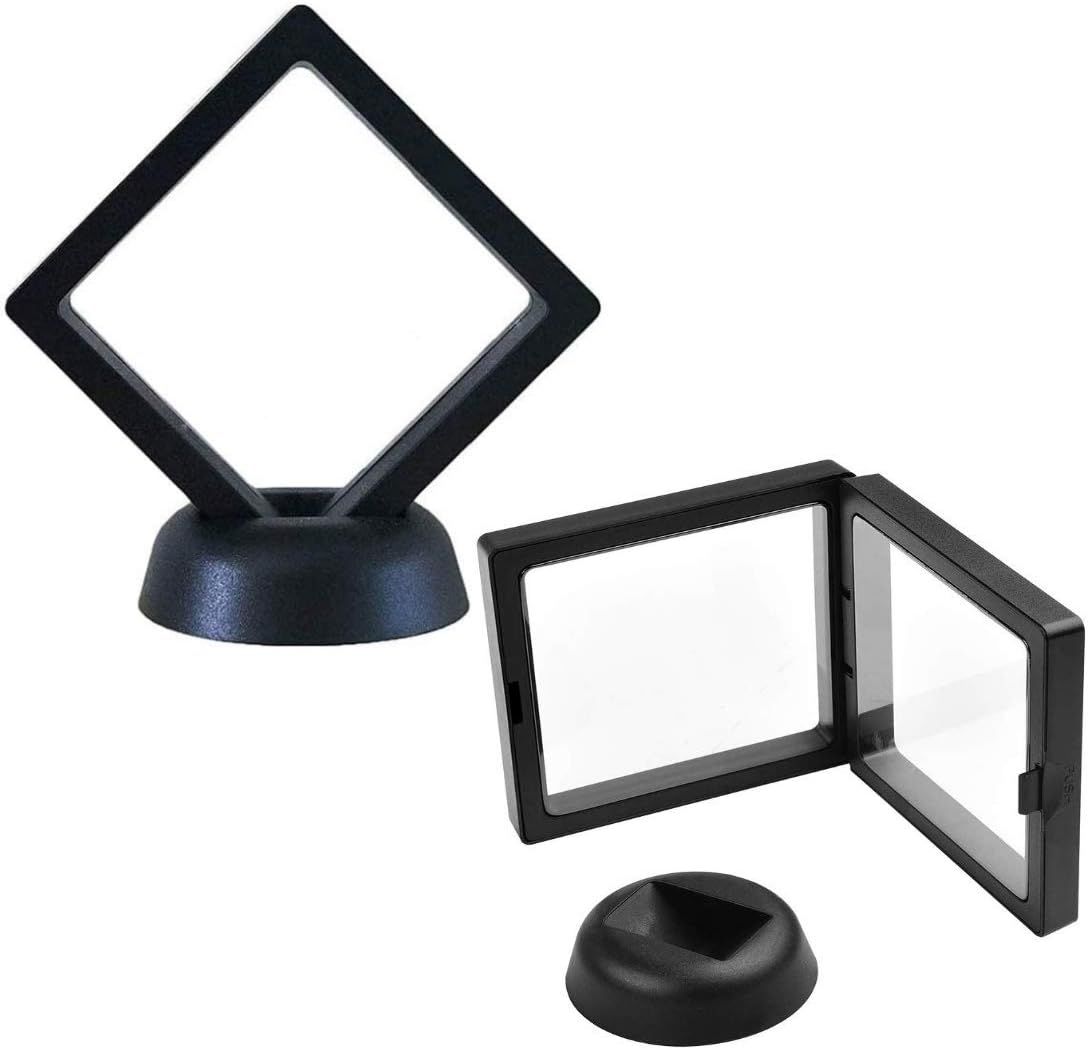 Cadre flottant 3D noir en losange sur son socle rond, avec cadre ouvert
