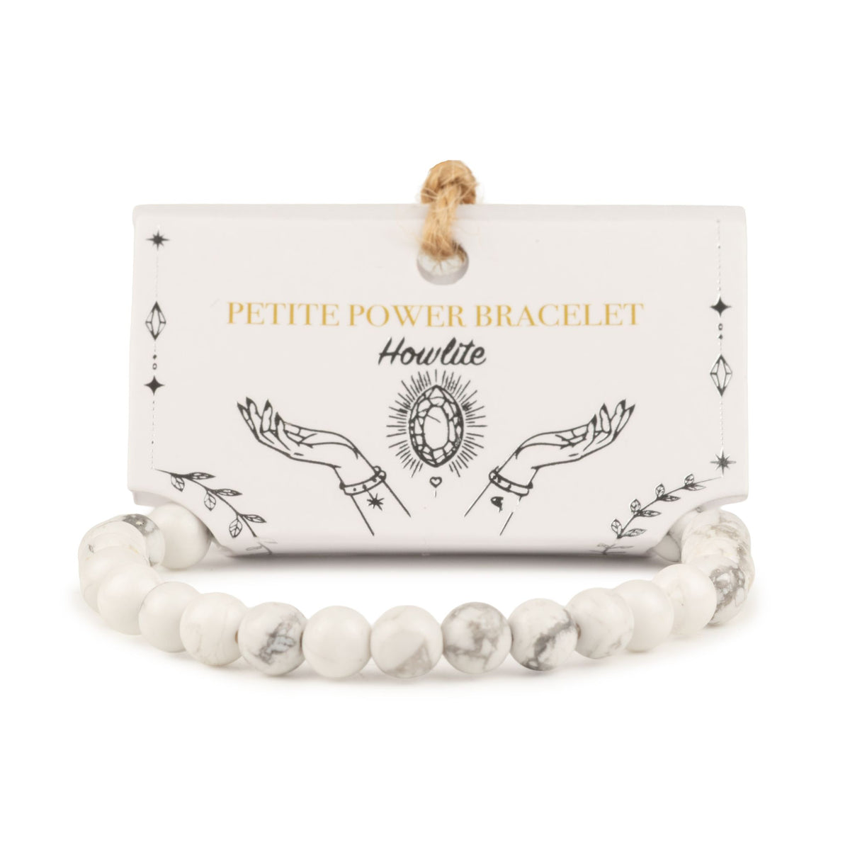 Bracelet en perles de howlite blanche veinée de gris sur sa carte illustrée