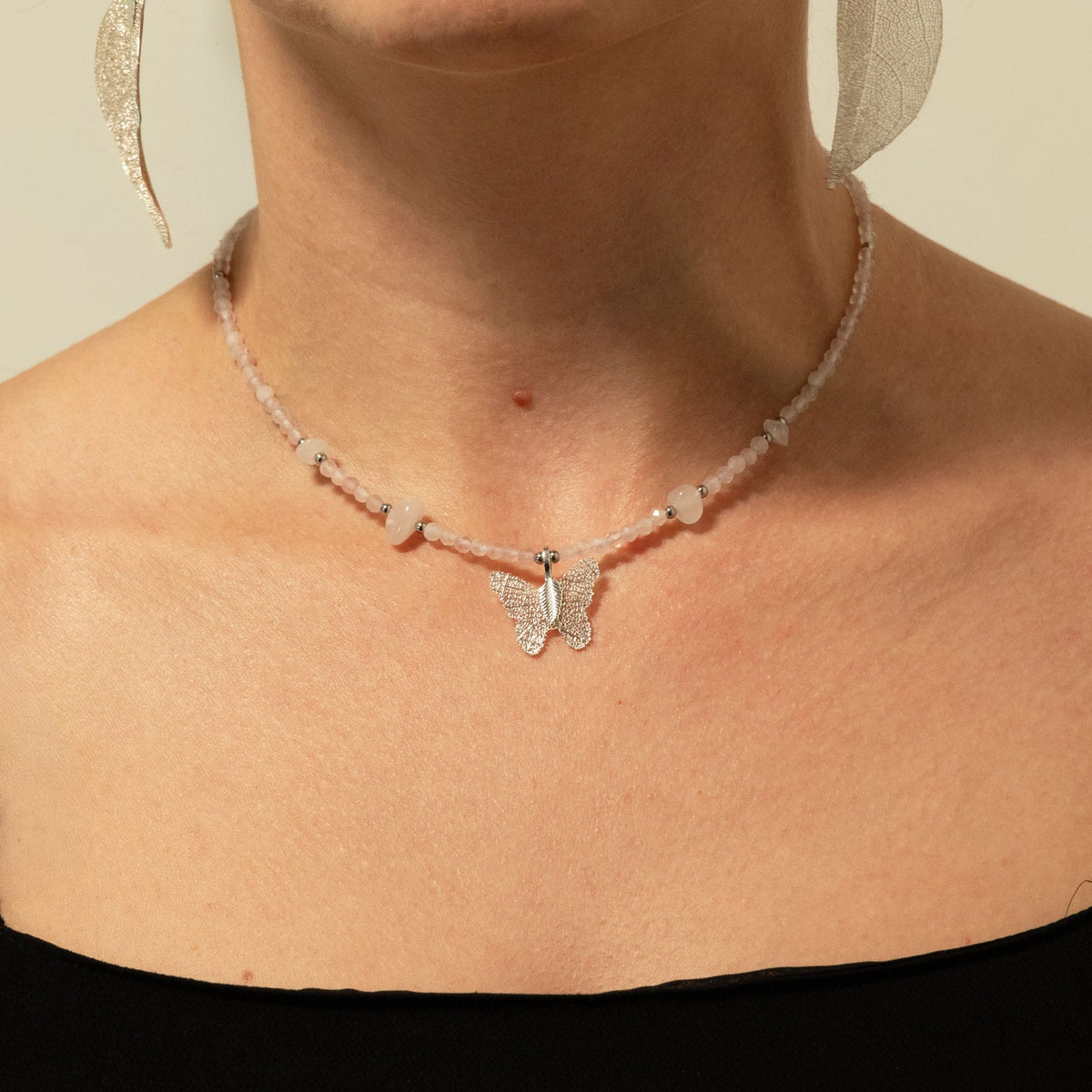 Collier Quartz Rose — Papillon en Vraie Feuille Argentée - photo 8