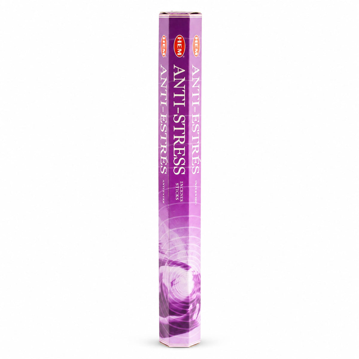 Boîte hexagonale violette d'encens en bâtonnets HEM Anti-Stress sur fond blanc