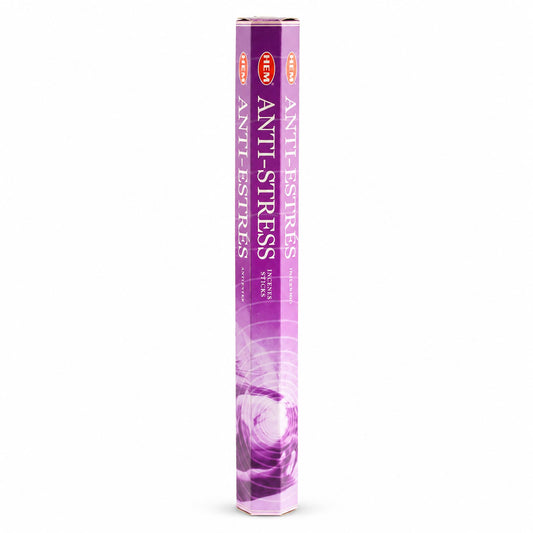 Boîte hexagonale violette d'encens en bâtonnets HEM Anti-Stress sur fond blanc