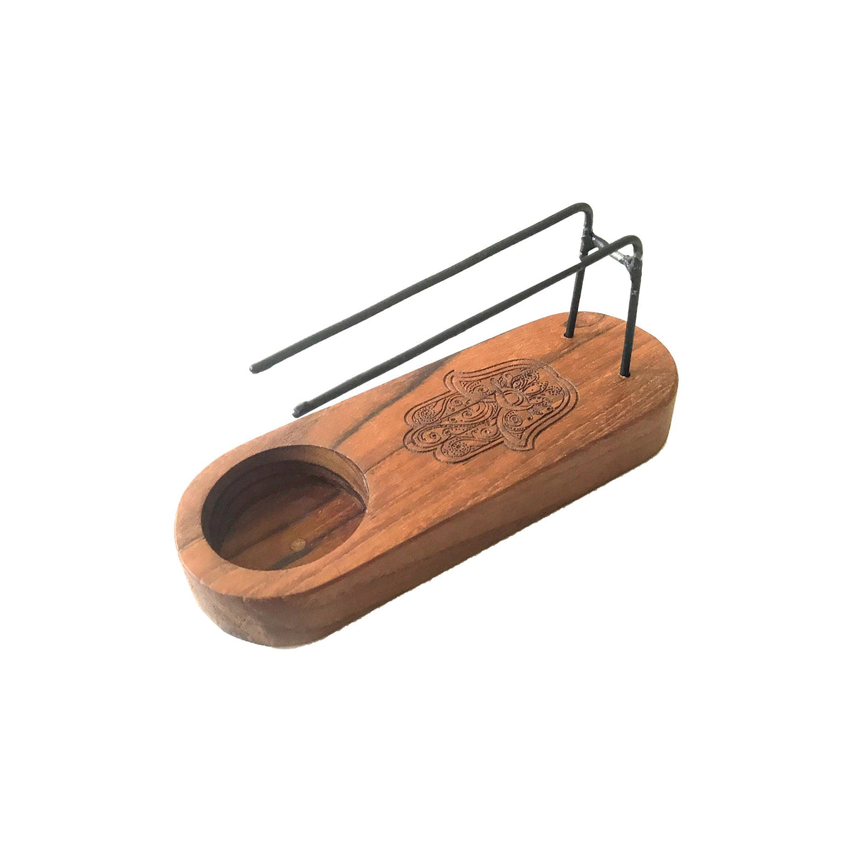 Chauffe palo santo en bois de teck gravé d'une main de Hamsa avec tiges métalliques