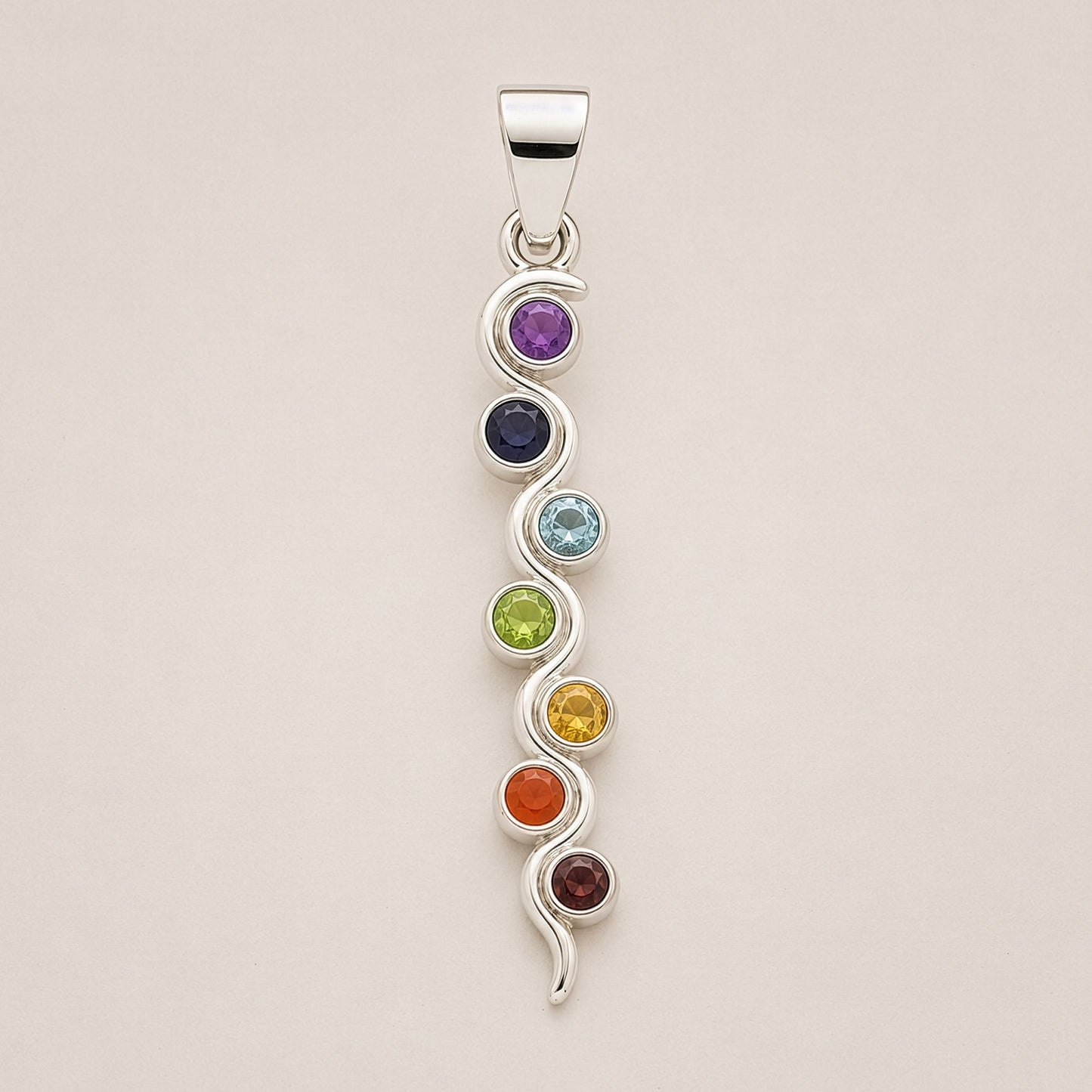 Pendentif Serpent 7 Chakras - Argenté Pierres Colorées