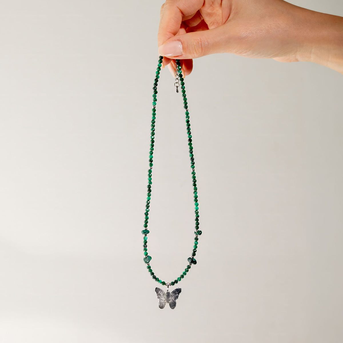 Collier Malachite — Papillon en Vraie Feuille Argentée - photo 6