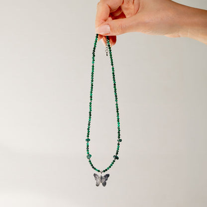 Collier Malachite — Papillon en Vraie Feuille Argentée - photo 6