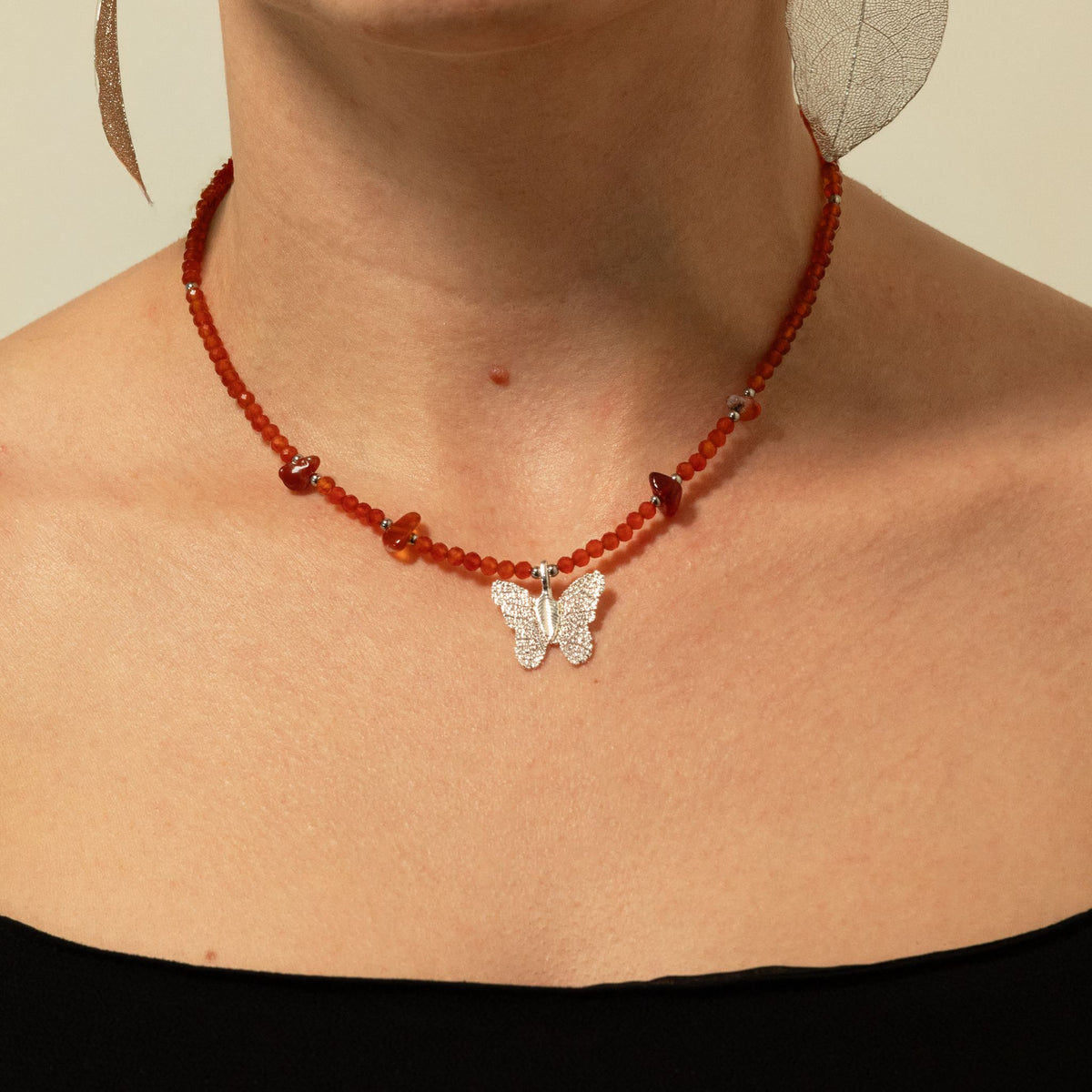 Collier Cornaline — Pendentif Papillon en Feuille Naturelle Argentée - photo 9