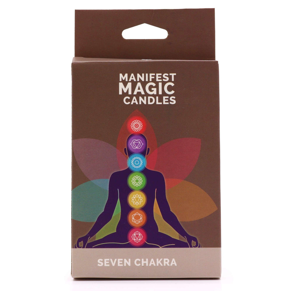Étui de bougies de manifestation Sept Chakras avec silhouette en méditation et chakras colorés