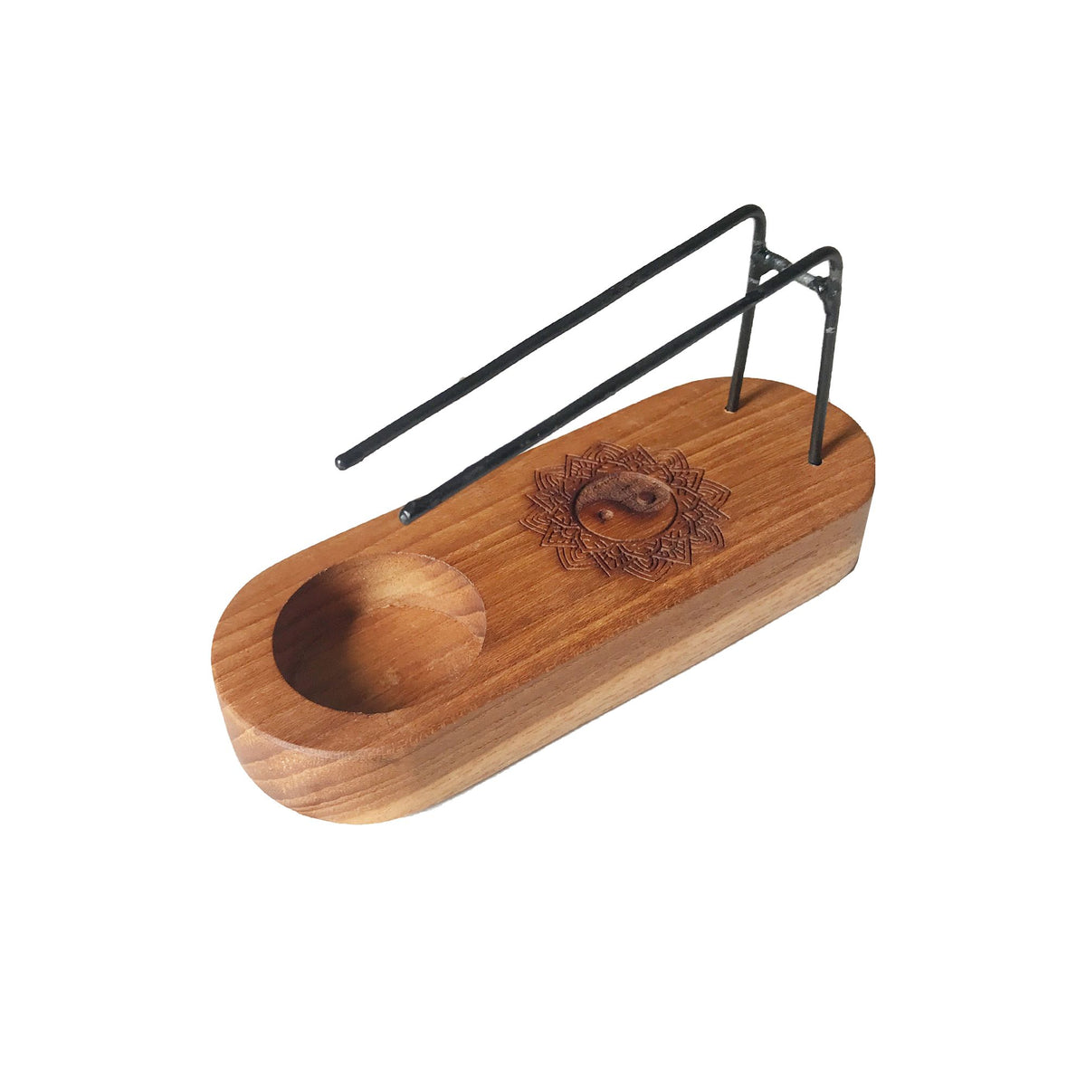 Brûleur à Palo Santo en bois de teck gravé yin yang avec support métallique