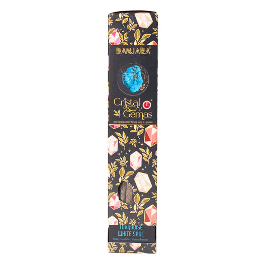 Boîte d'encens Banjara Cristal Gemas Turquoise sauge blanche, motifs de cristaux et feuilles dorées