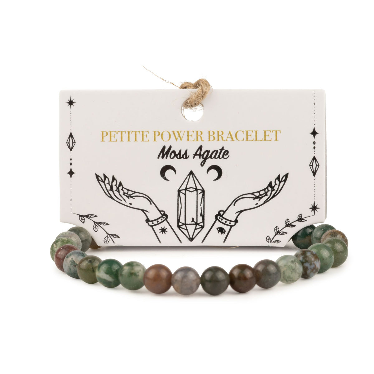 Bracelet en perles d'agate mousse vertes et brunes devant sa carte illustrée