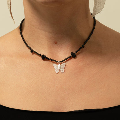 Collier Obsidienne Noire — Papillon Feuille Naturelle Argentée - photo 8