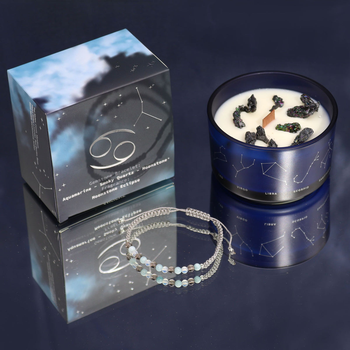 Bougie zodiaque Cancer en pot bleu, sa boîte et bracelet en pierres tressé