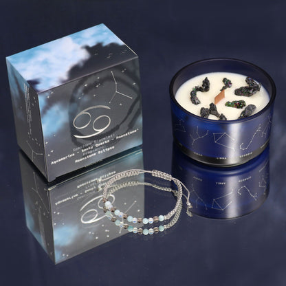Bougie zodiaque Cancer en pot bleu, sa boîte et bracelet en pierres tressé