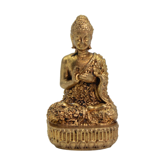 Petite statuette de Bouddha assis en laiton doré patiné sur socle lotus ciselé