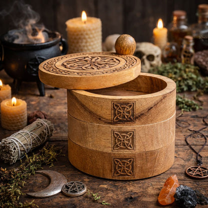 Boîte à Tarot en Bois Sculpté — Nœuds Celtiques — 3 Étages Pivotants - photo 5