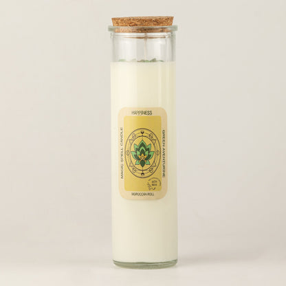 Bougie blanche en tube de verre avec bouchon en liège et étiquette lotus vert