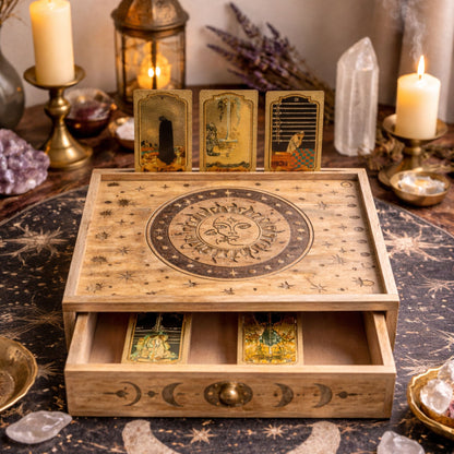 Boîte à Tarot en Bois Sculpté avec Tiroir — Soleil et Lune - photo 5