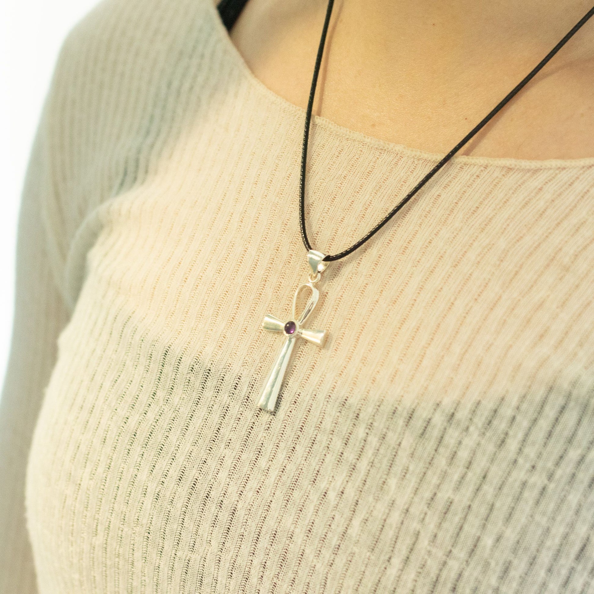 Pendentif Ankh Croix de Vie - Argenté & Pierre Violette
