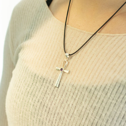 Pendentif Ankh Croix de Vie - Argenté & Pierre Violette