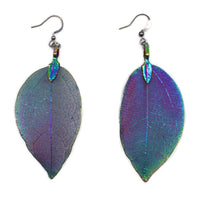 Boucles d'Oreilles Feuille Dorée - Vraie Feuille Électroplaquée Arc-en-Ciel